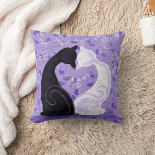 Oreiller jeté violet couple chat coeur papillons (Couverture)