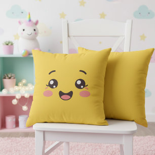 Oreiller jeté visage souriant jaune vif Kawaii