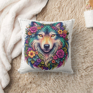 Oreiller Loup Floral – Décoration Animale Bohème N