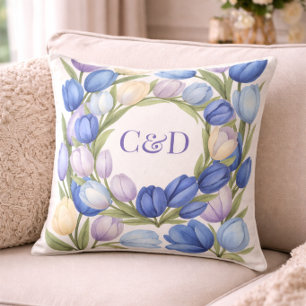 Oreiller Mariée Marié Couronne de Tulipes Bleu Pou