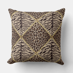 Oreiller marron/tan à motif diamant et imprimé léo