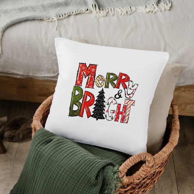 Oreiller Merry & Bright – Dessin de lettre festive (Créateur téléchargé)