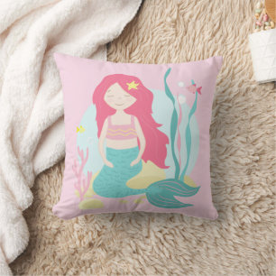 Oreiller mignon sirène rose et menthe