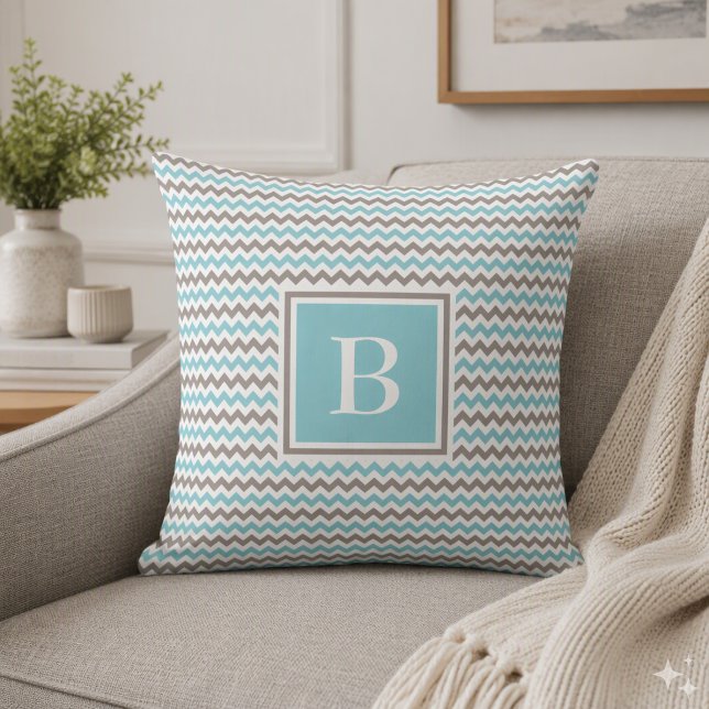 Oreiller Monogramme Chevron Bleu Gris Blanc (Créateur téléchargé)