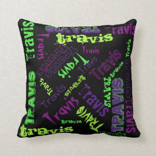 Oreiller noir néon vert violet pour nom en collage