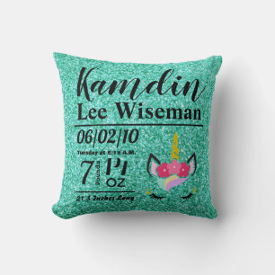 Oreiller Pailleté Turquoise Licorne Naissance Pers