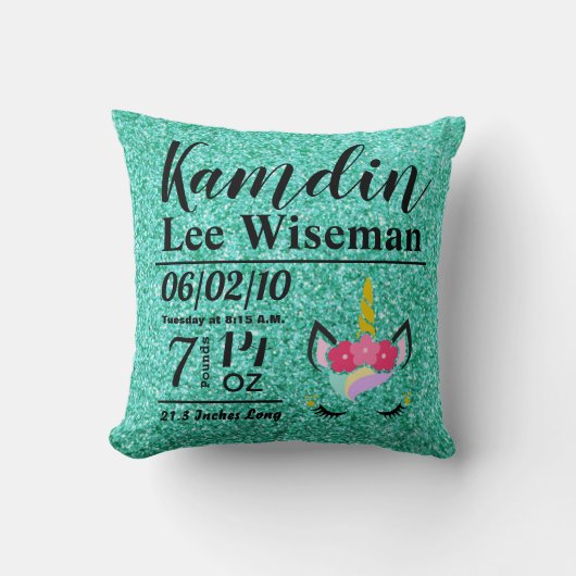 Oreiller Pailleté Turquoise Licorne Naissance Pers (Recto)