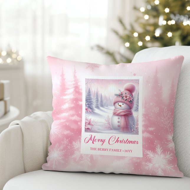 Oreiller pour chambre d'enfants représentant un bo (Cute Pink Snowman Christmas Scene Kids Room Pillow

)
