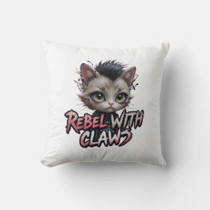 Oreiller Punk Rock Chat Rebelle avec Griffes