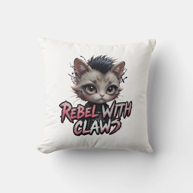 Oreiller Punk Rock Chat Rebelle avec Griffes (Recto)