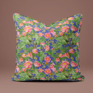 Oreiller Rose Rose Vintage sur Fond Bleu Pervenche