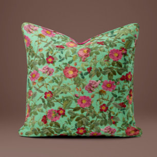 Oreiller Rose Sauvage Rose Vintage sur Fond Aqua M