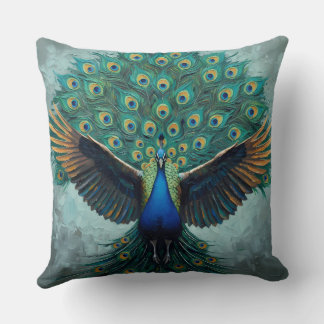 Oreiller vibrant et majestueux de paon