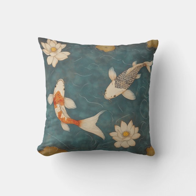 Oreiller vintage Koi Pond avec fleurs Lotus (Recto)