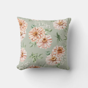 Oreiller Zinnia aquarelle vert sauge et pêche
