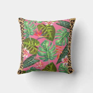 Oreillers à lancer de léopard rose à feuilles trop