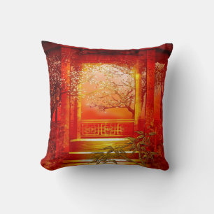 Oreillers Asiatique Or Rouge Fleur de Bambou