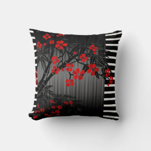 Oreillers Asiatiques Fleur de Bambou Noir Rouge