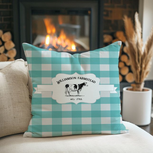 Oreillers turquoise À Lancer De Vache De Ferme À B (Teal Buffalo Plaid Farm Cow Throw Pillow)