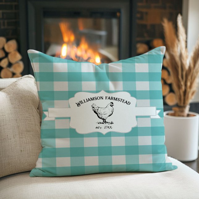 Oreillers turquoises Plaid À La Ferme De Buffalo P (Teal Buffalo Plaid Farm Chicken Throw Pillow)