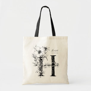 Organic floral handrawn Letter H monogramed Tote Bag
