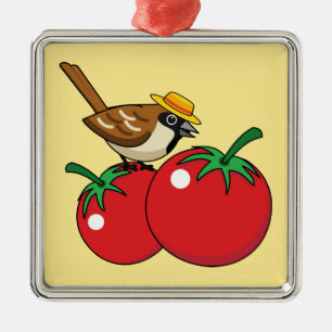 Organische lover Sparrow Eating Red Tomato Metalen Ornament