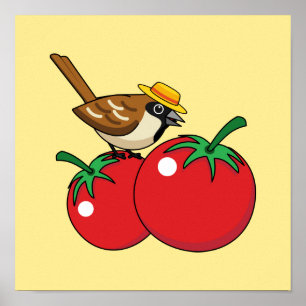 Organische lover Sparrow Eating Red Tomato Poster