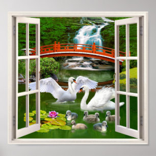 ORIENTAAL SWAN GARDEN FAKE WINDOW POSTER