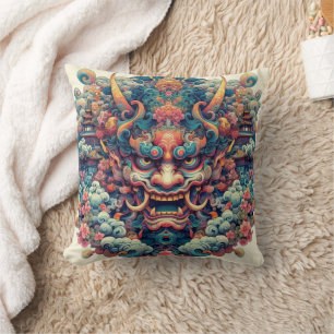 Oriëntaalse symmetrische abstracte Oni demon gezic Kussen