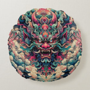 Oriëntaalse symmetrische abstracte Oni demon gezic Rond Kussen