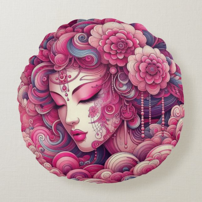 Oriëntaalse vector abstracte Geisha roze fractale  Rond Kussen (Voorkant)