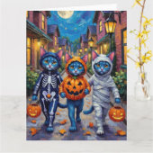 Oriental Blue Cats Trick-or-Treating Halloween Kaart (Gele Bloem)