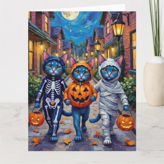 Oriental Blue Cats Trick-or-Treating Halloween Kaart (Voorkant)