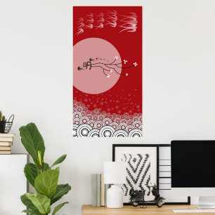 Oriental Bright Moon Swallows Zen Modern Art Poster