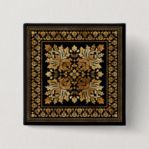 Oriental Damask Ornament - Black and gold Vierkante Button 5,1 Cm