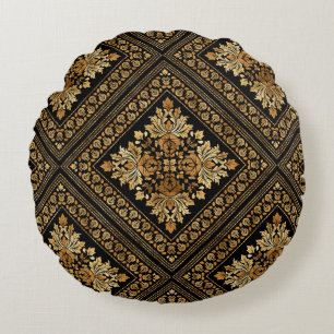 Oriental  Damask-patroon - zwart en goud Rond Kussen