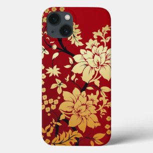 Oriental Golden Flowers op Red iPhone 13 Hoesje