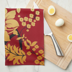 Oriental Golden Flowers op Red Theedoek