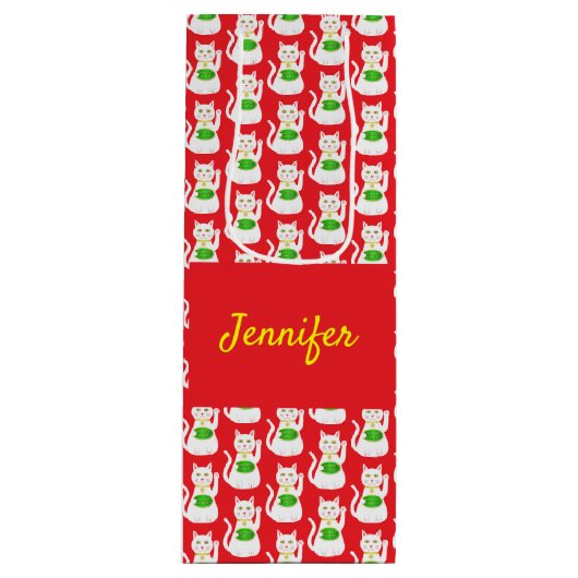 Oriental Lucky Cat Custom Name Wijn Cadeautas (Voorkant)