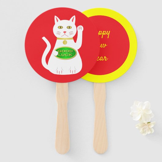 Oriental Lucky Cat Custom New Year Handwaaier (Voorkant en achterkant)
