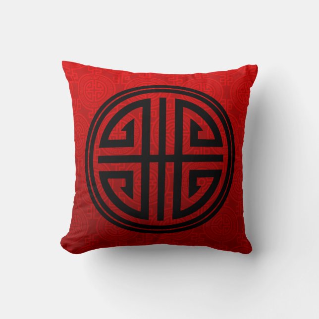 Oriental Ornamental Long Life Symbol | rood zwart Kussen (Voorkant)