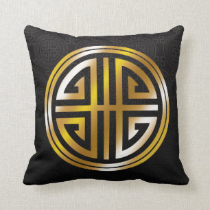 Oriental Ornamental Long Life Symbol zwart goud Kussen