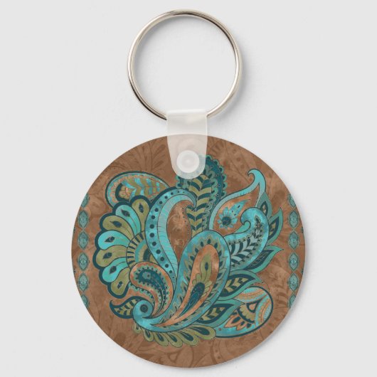 Oriental Paisley Pattern Waterverf and Gold Sleutelhanger (Voorkant)