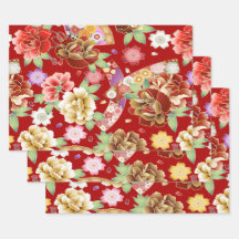 Oriental Red Gold Pink Modern Floral