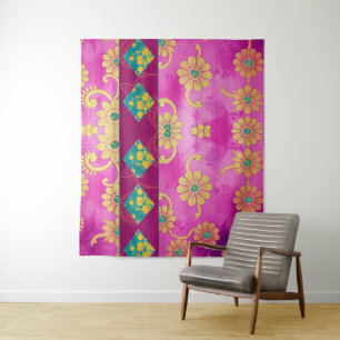 ORIENTAL Roze Turquoise Bloemen - Tapijt Wandkleed
