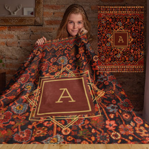  Oriental Rug Monogram Red Burgundy Gold Fleece Deken