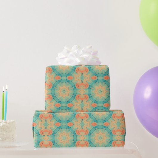 Oriental Star Pattern in Oranje en Blauwgroen Groe Cadeaupapier (Feestgeschenken)