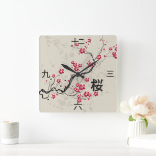 Oriental Style Sakura Cherry Blossom Art Vierkante Klok