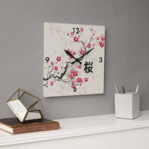 Oriental Style Sakura Cherry Blossom Art Vierkante Klok
