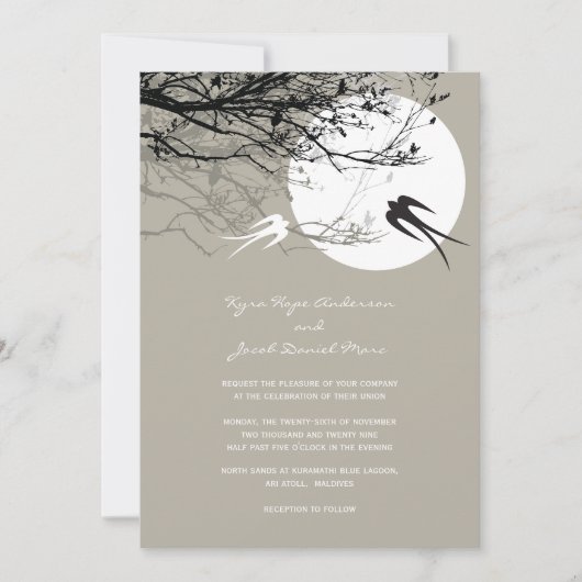 Oriental Swallows Moonlight Asian Wedding Invite Kaart (Voorkant)